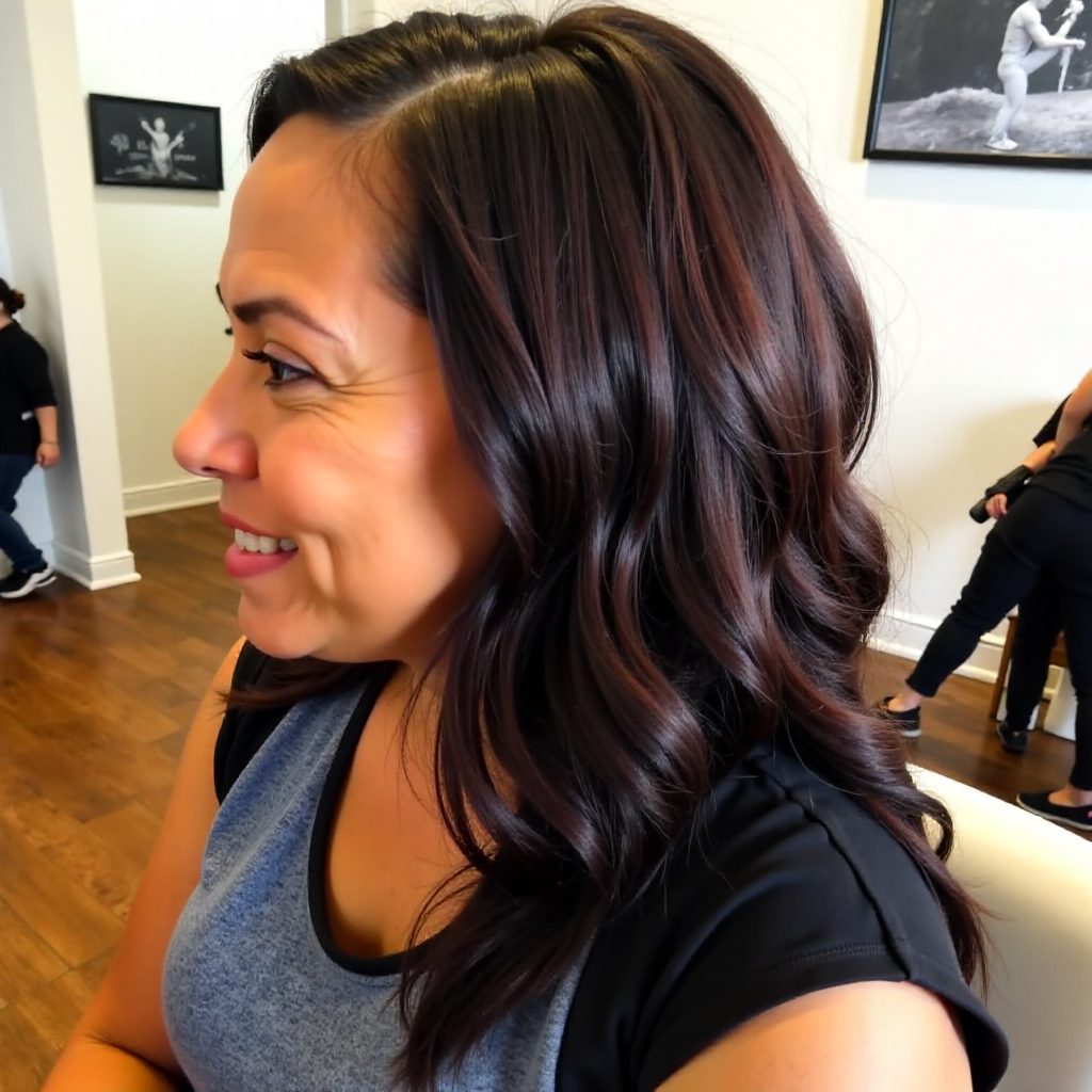 wavy tree braids hairstyle with chocolate highlights