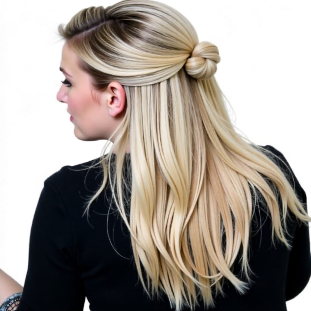 half up braided hairstyle with a fauxhawk braid
