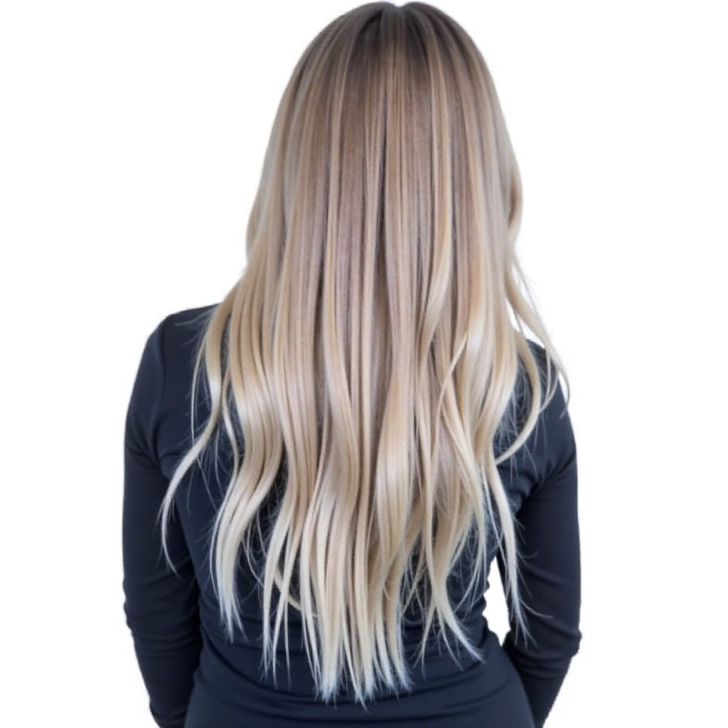 long ash blonde balayage hair with waterfall braid