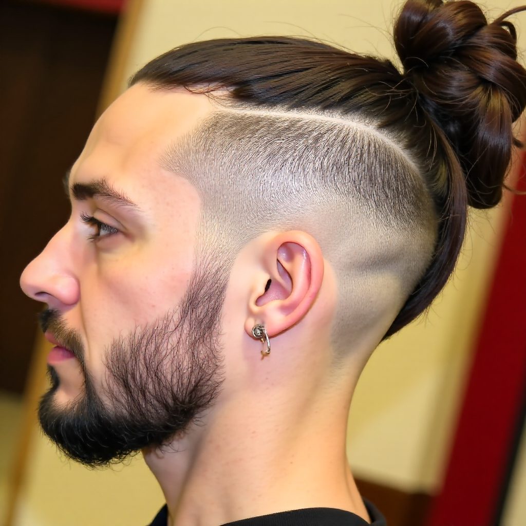 Man Bun With Beard And Shaved Sides