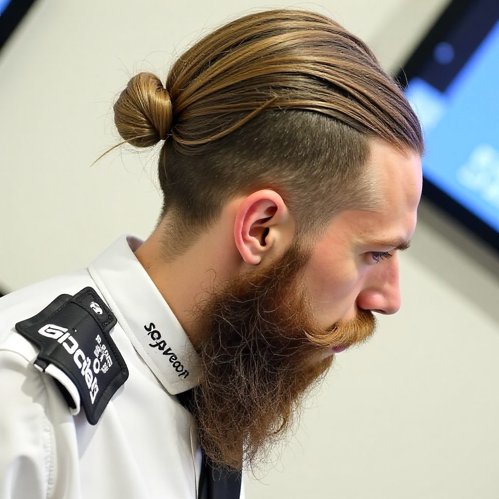Long Hair Man Bun With Beard And Line Up