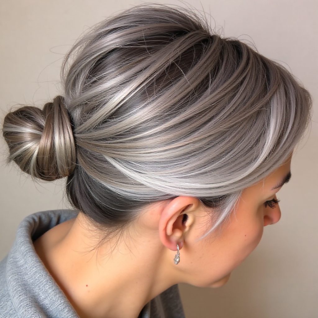 Short Salt and Pepper Bob with Feathered Layers and Funky Highlights