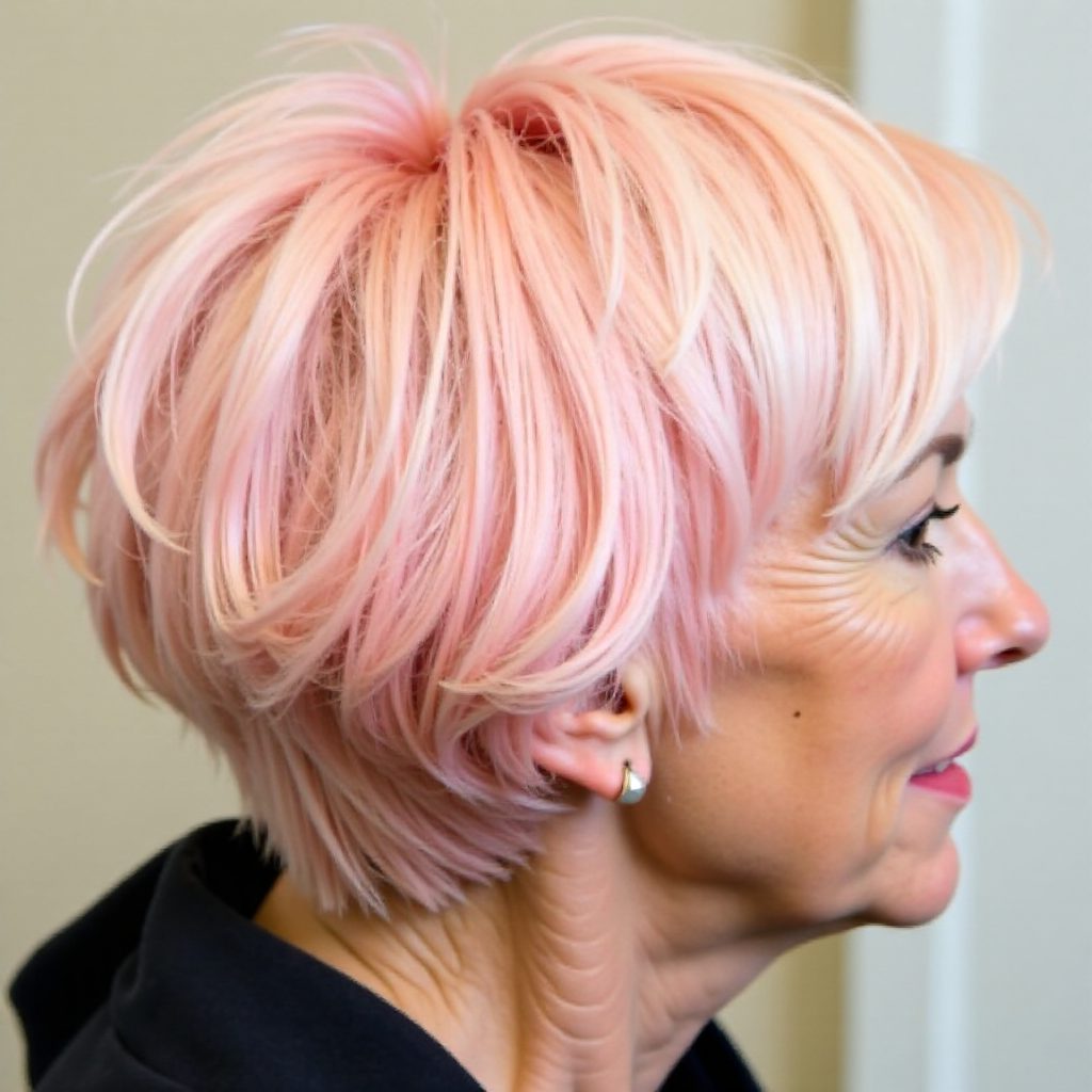 Layered Bob with Bangs and Pink Hue on Woman over 60