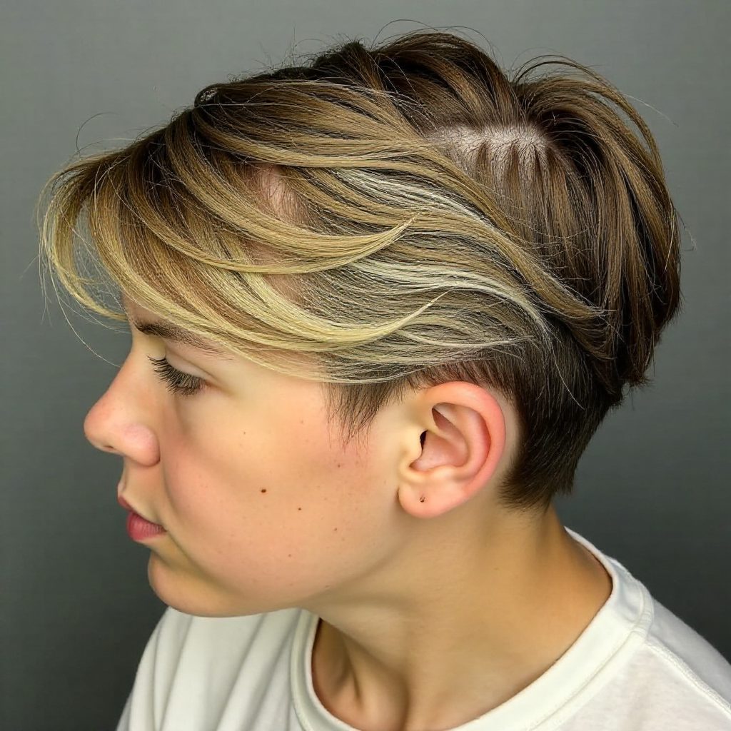 Short Haircut with Tapered Nape and Caramel Highlights