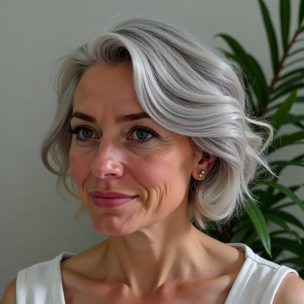 Ear Length Mettalic Gray Wavy Bob for Over 50