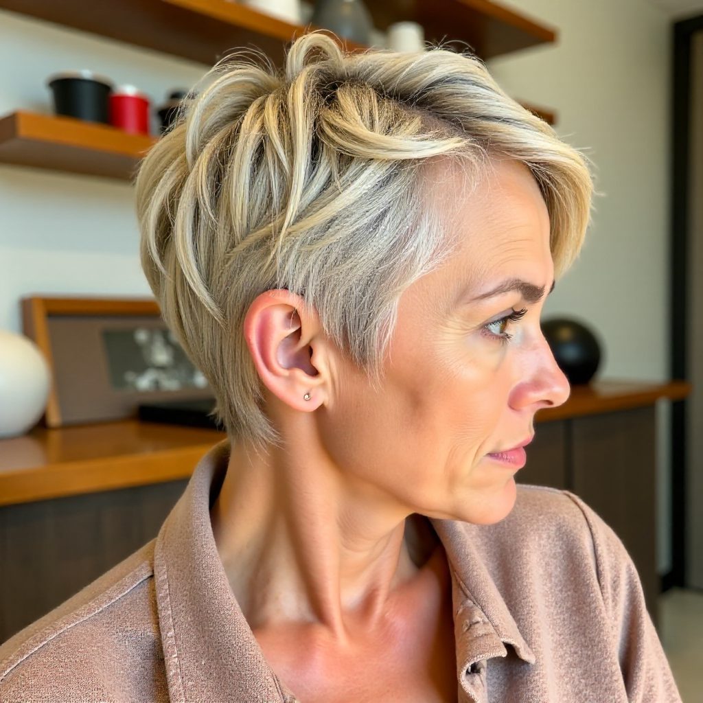 Pixie with Long Block Colored Side Bangs on Older Woman