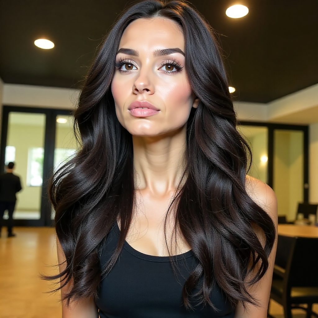 Shiny Long Hair with Face Framing Bangs for Round Faces