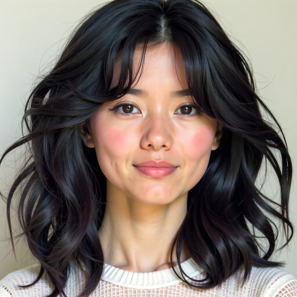Cut with Bangs for Thick Dark Hair and Round Face Shape