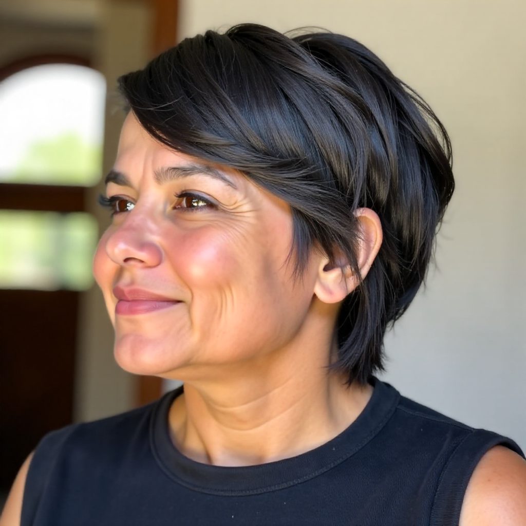 Pixie Mulet with Layered Bangs for Round Faces