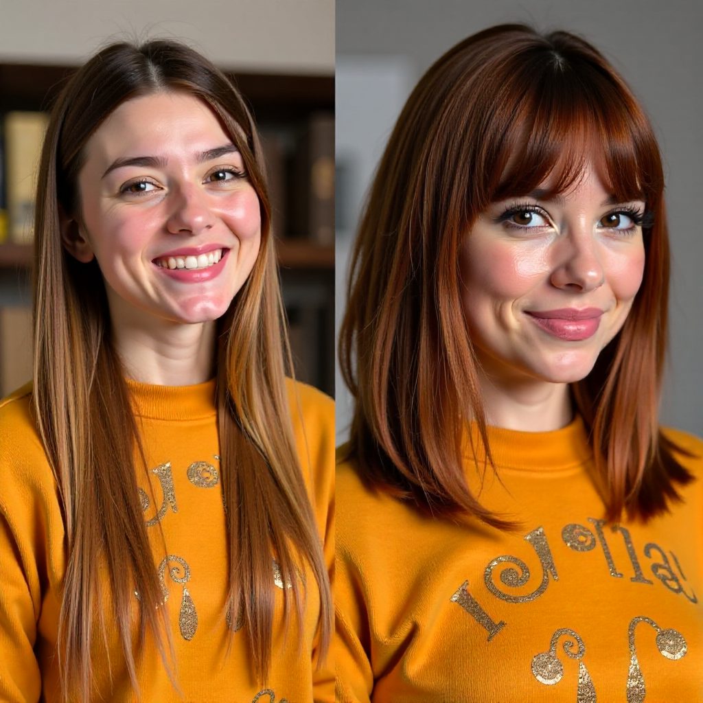 Round Face Before and After Cutting Curtain Bangs