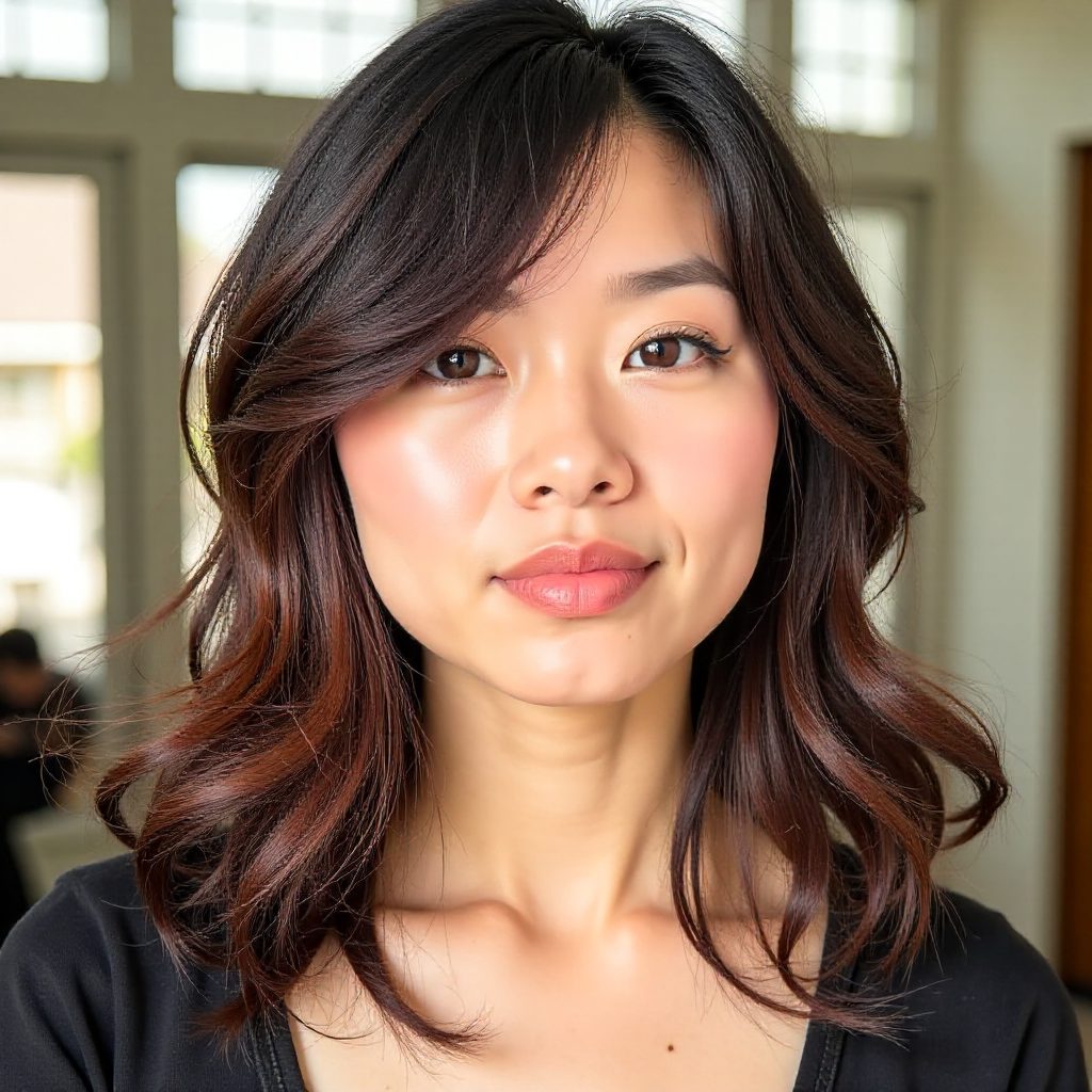 Layers and Curtain Bangs for Round Faces
