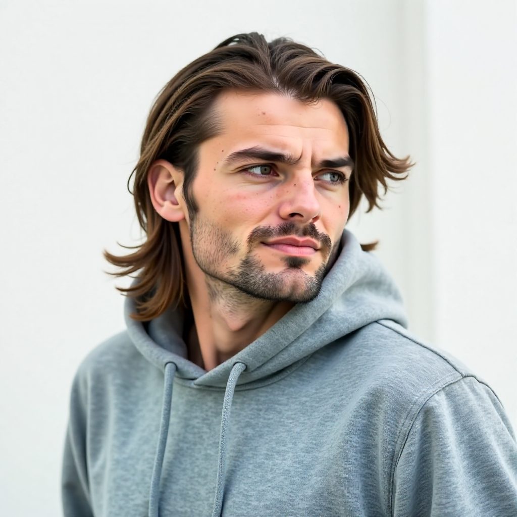 Mid Length Slicked Back Hairstyle and Beard