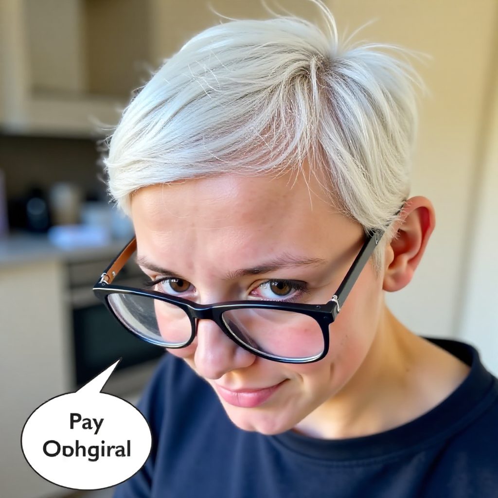Short Spiky Platinum Pixie and Blue Frame Glasses