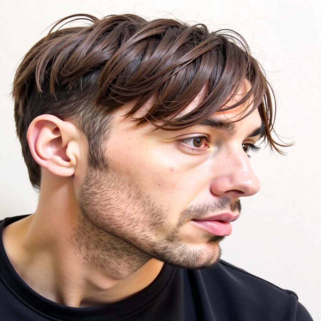 Middle Part Hairstyle with Short Sides and Blended Nape Layers