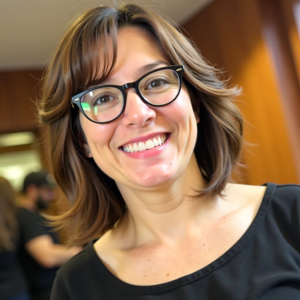 Long Brown Bob with Side Bangs and Glasses