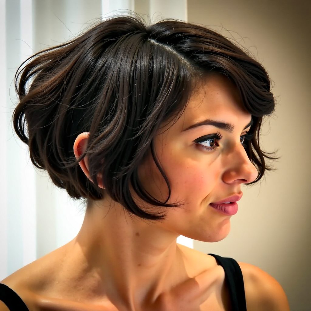 Stacked Brown Pixie Bob with Swoopy Bangs over Glasses
