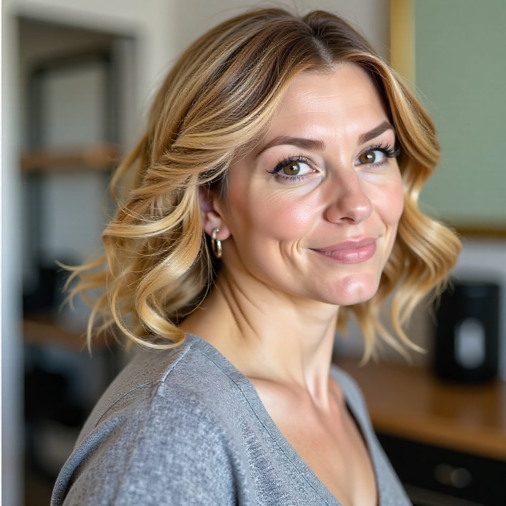 Wavy Bob with Blonde Balayage on a Woman with Glasses