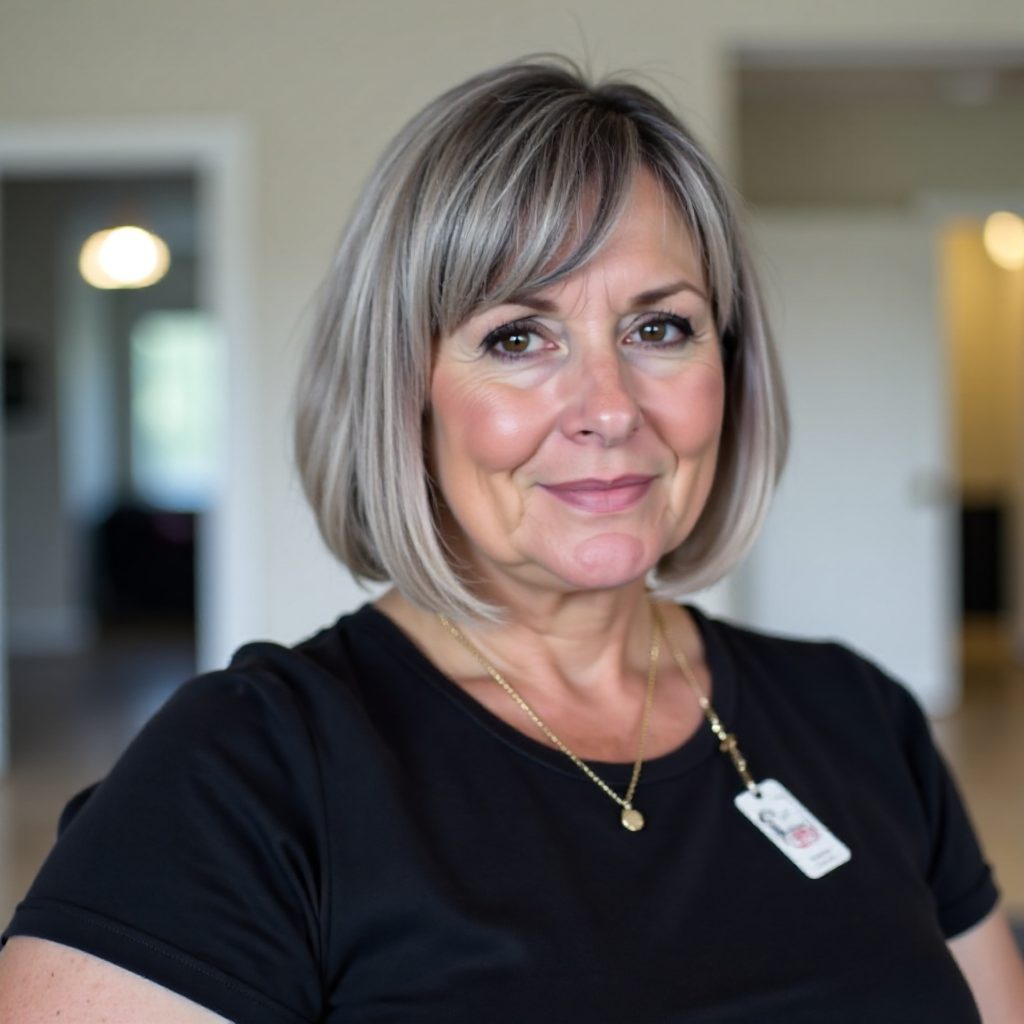 Gray Bob with Curtain Bangs for Older Women with Glasses