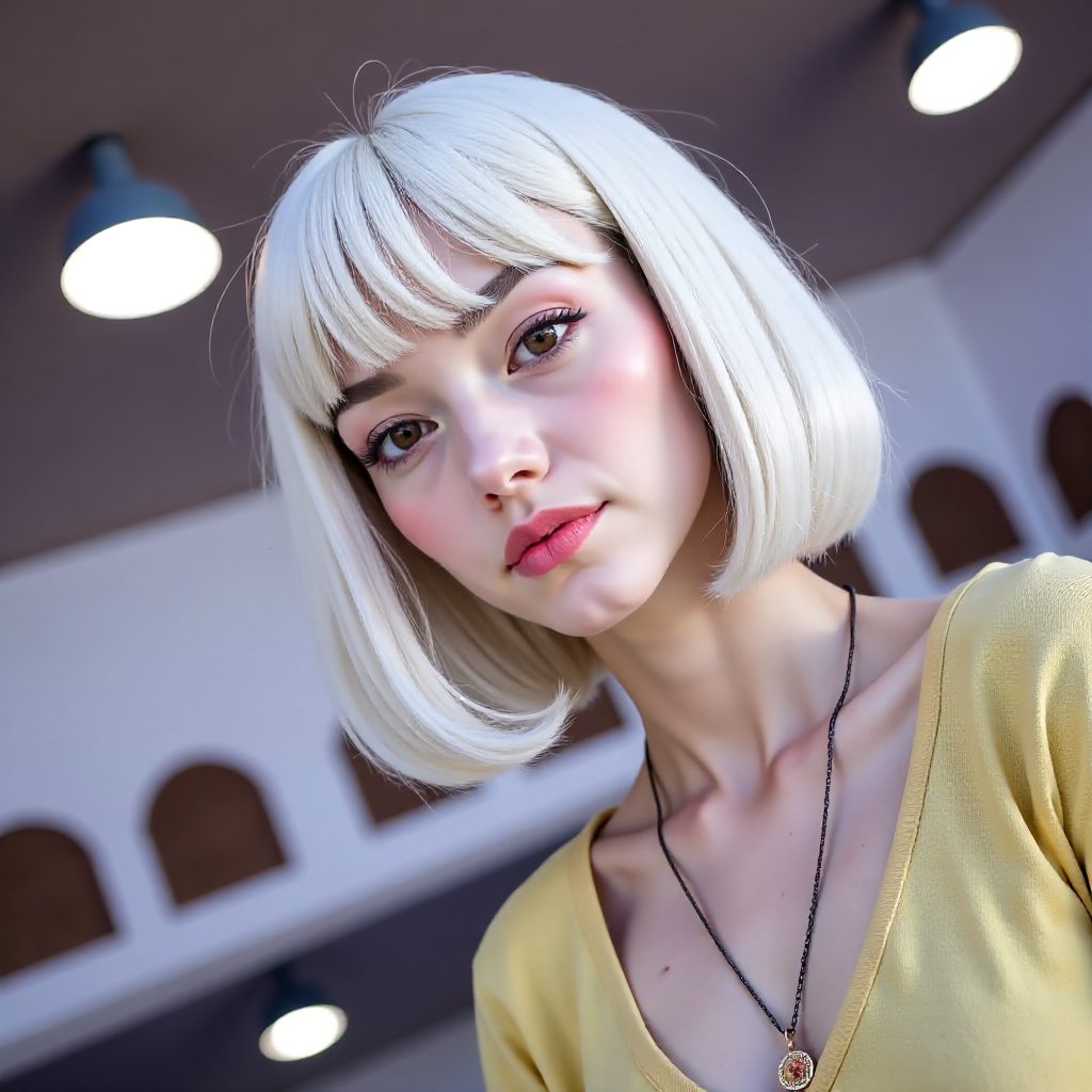 Straight and Blunt Gray Bob and Black Frame Glasses