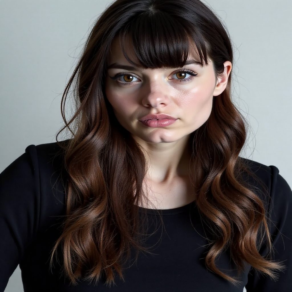 Shiny Long Chocolate Brown Hair with Wispy Bangs