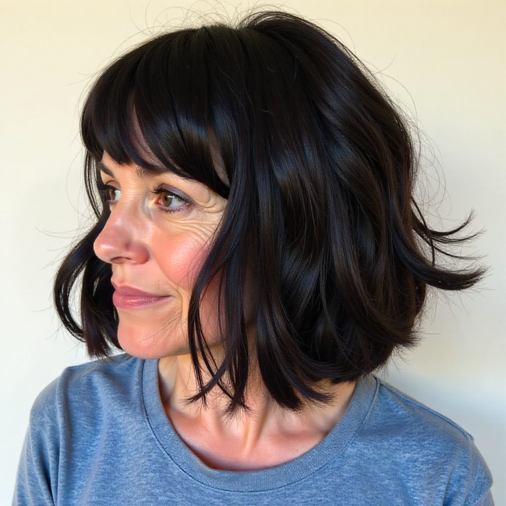 Dark Wavy Bob with Straight Bangs for Chubby Cheeks