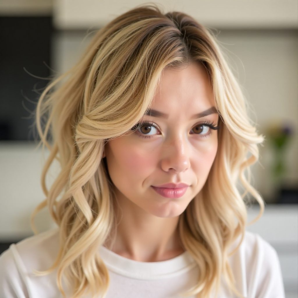 Blonde Medium Shag with Cheekbone Length Curtain Bangs