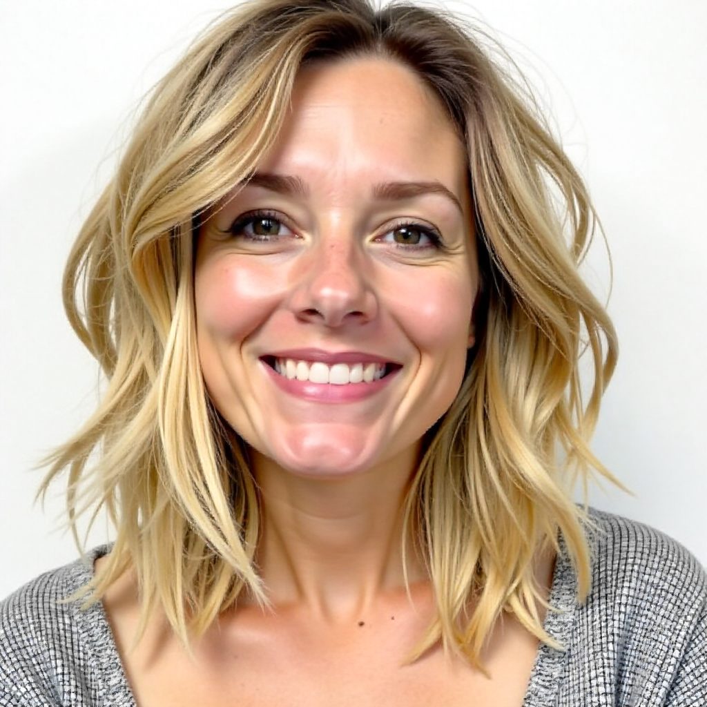 Collarbone Skimming Blunt Cut with Feathered Side Bangs for Round Face
