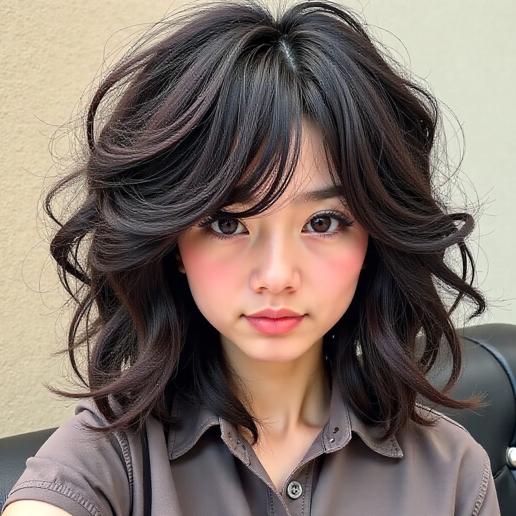 Medium Length Shag with Arched Bangs for Round Faces