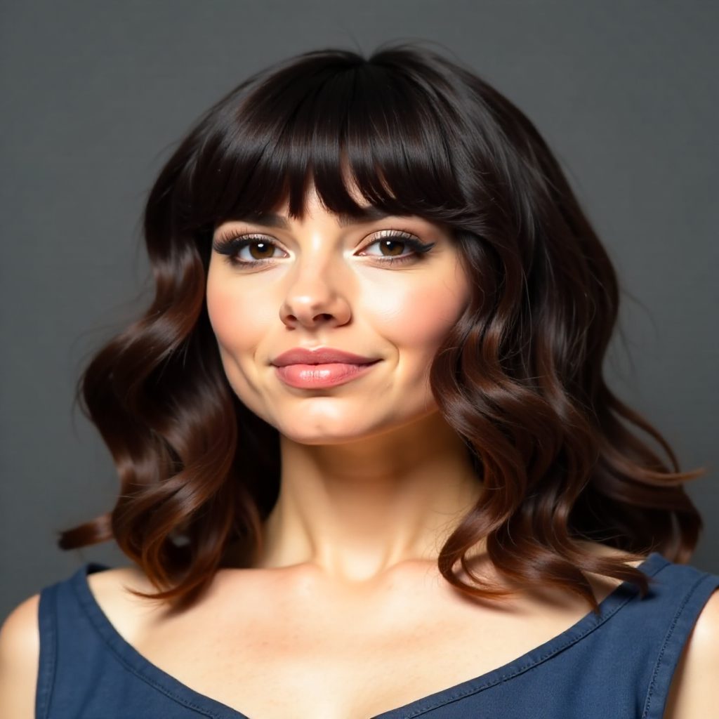 Warm Brunette Lob with Full Bangs