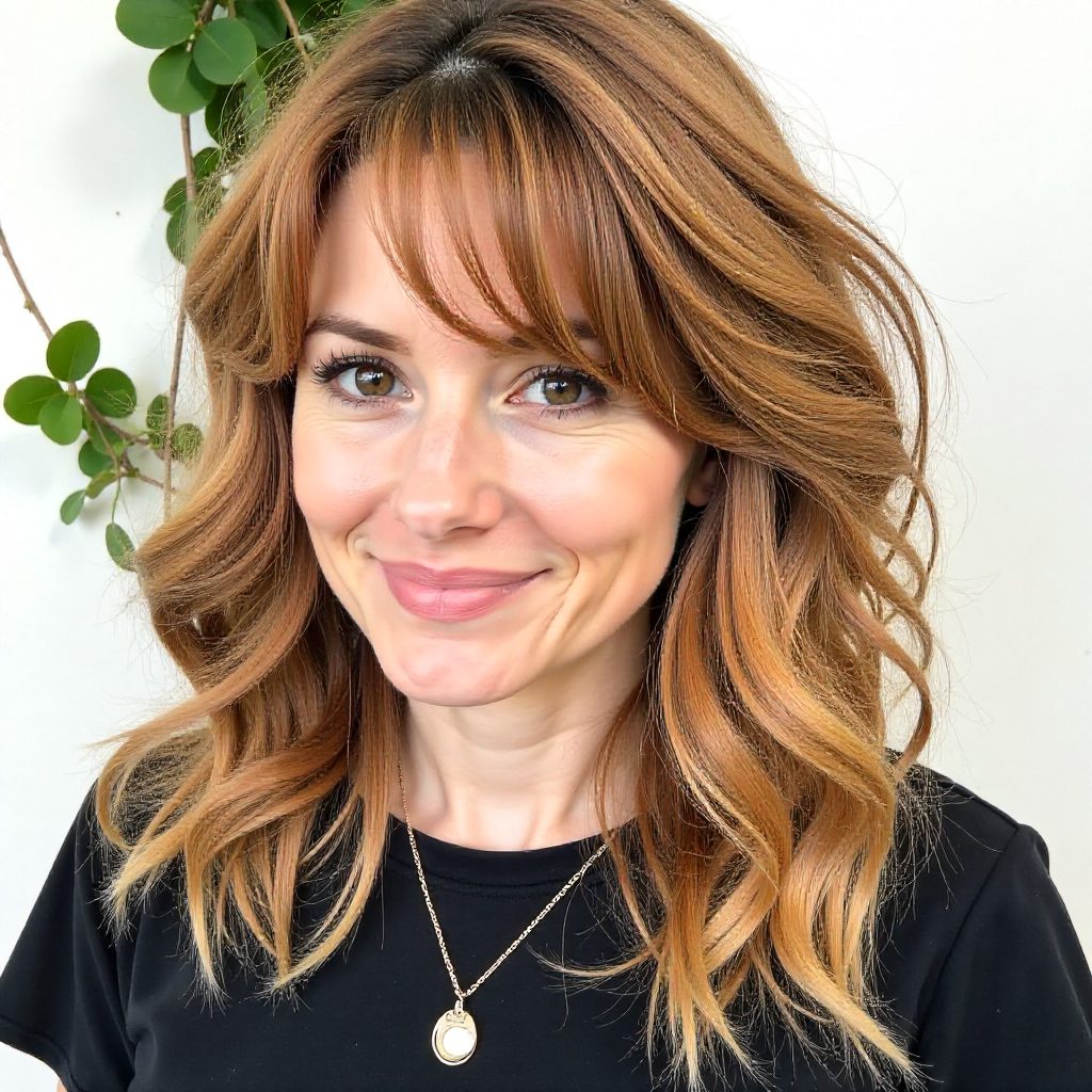 Ginger Brown Wavy Shag with Fringe