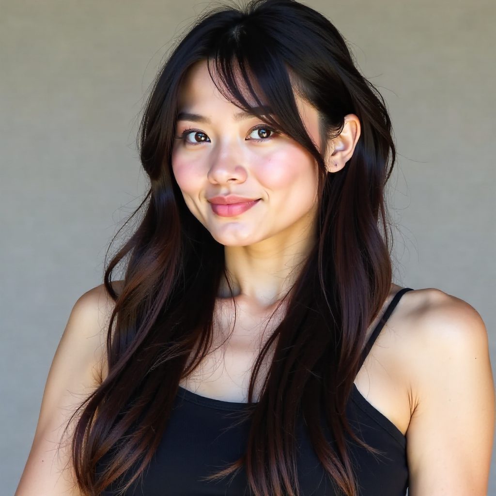 Long Layers and Curtain Bangs for Round Face