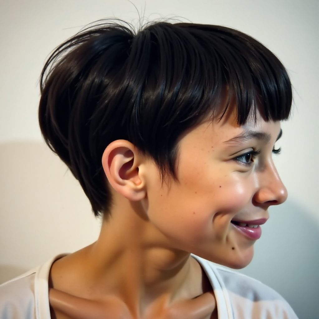 Jet Black Short Pixie with Sideburns