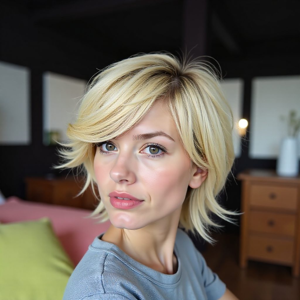 Blonde Side Swept Textured Bob with Lowlights