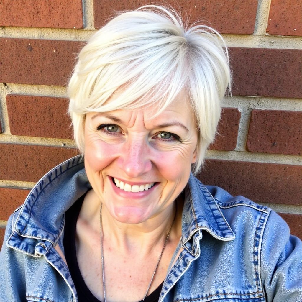 Long Sleek White Blonde Pixie with Side Bangs for Fuller Faces