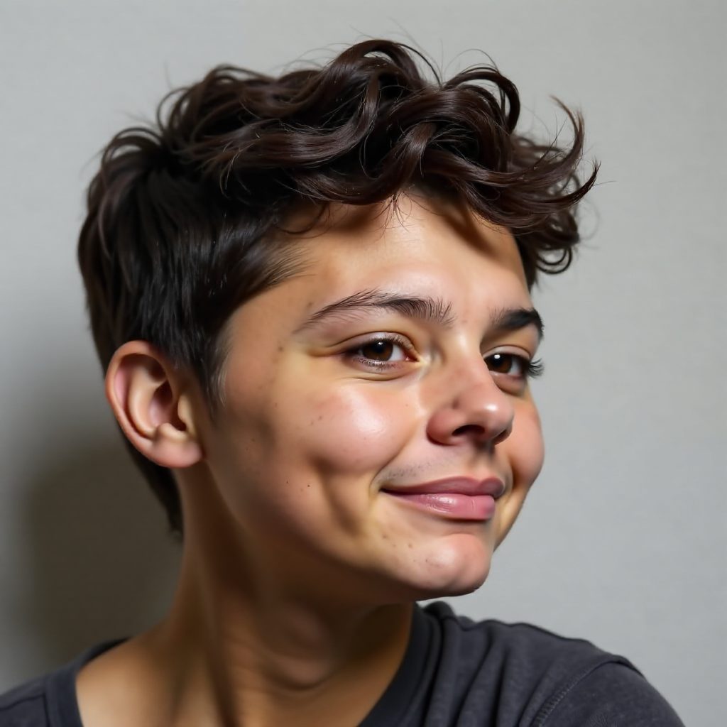 Tapered Pixie with Long Natural Curls on Top for Round Face