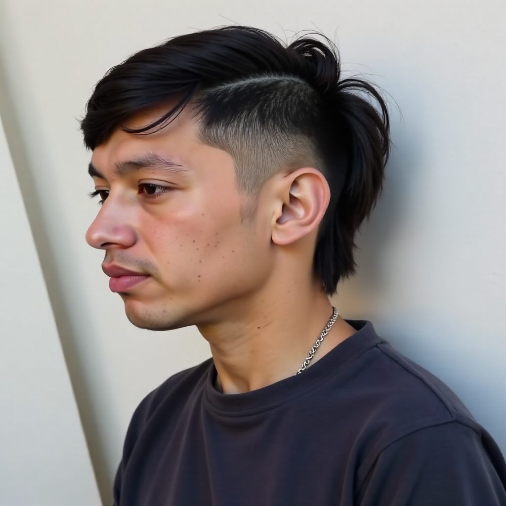 Asian Curly Mullet with Temple Shave