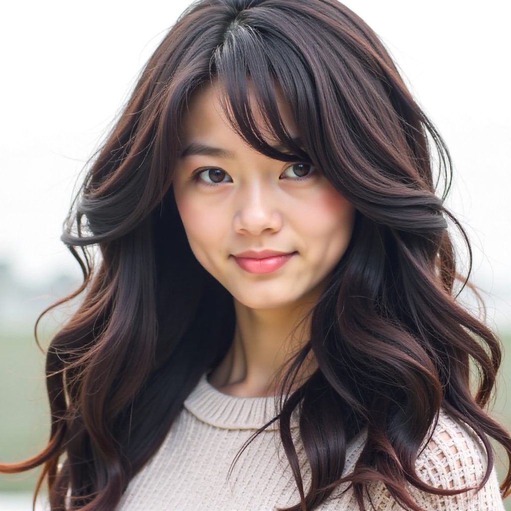 Long Feathered Curly Haircut for an Oval Face with Full Bangs