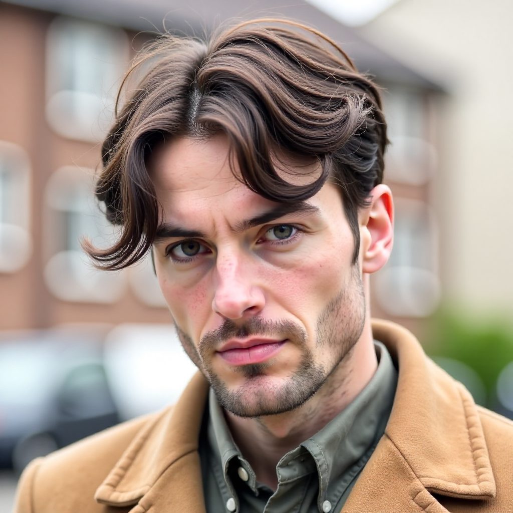 Mens Curtain Haircut with Eyebrow-Length Bangs
