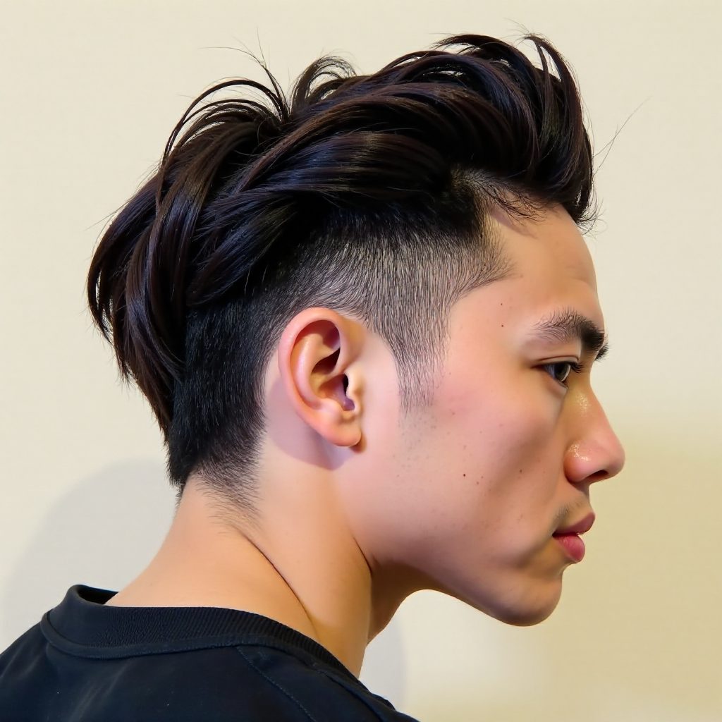 Men’s Pompadour Haircut with Temple Fade Straight Hair