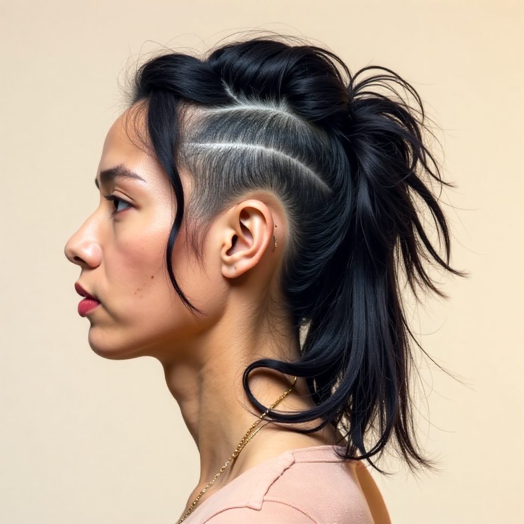 Curly Mullet with Shaved Wave Pattern